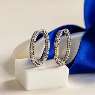 Sparkle Heart Silver Hoop Earrings Clear Stons Circle Womens Jewellery Gift UK - Image 1 of 4