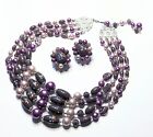 Vintage Purple Shades Beads Necklace & Clipon Earrings set Art Glass Confetti 