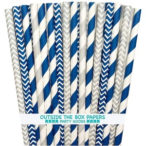 Navy Blue and Silver Chevron and Striped Paper Straws 7.75 Inches 100 Pack Na... - Picture 1 of 9