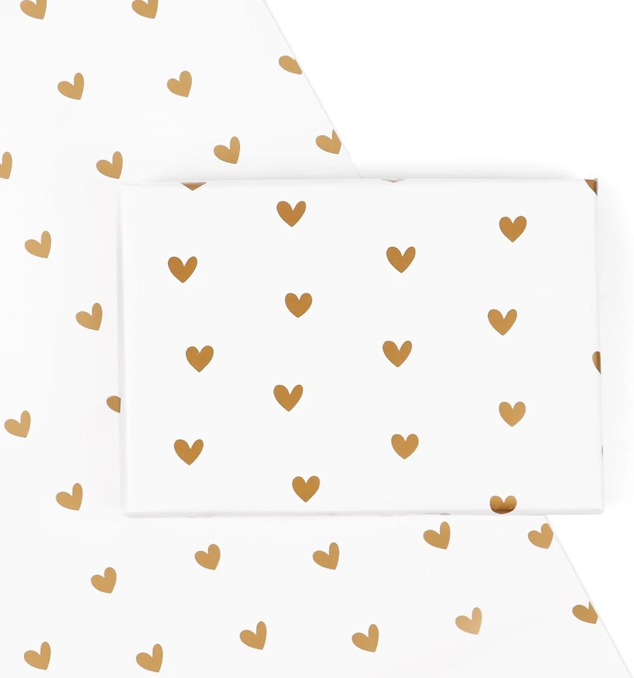 4 Fogli Carta Regalo Cuore Dorati Carta Bianco Decorativa Da Imballaggio Decoraz - Immagine 1 di 4