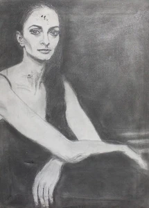 Modernist pencil painting woman portrait signed - Picture 1 of 12