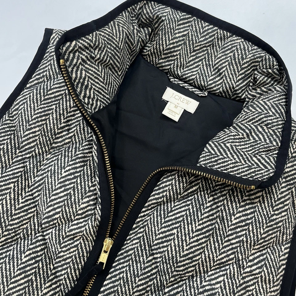 J Crew Vest Womens Medium Black Herringbone Puffer Vest Mock Neck Full Zip Front - Image 1 of 4