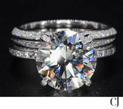 Juego de anillos de boda de moissanita VVS1 de corte redondo de 3,50 quilates de oro blanco sólido de 14 quilates Foto 1 de 4