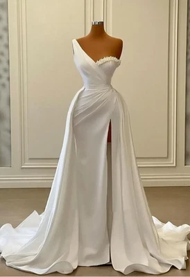 Жемчуг принцесса свадебные платья плиссированные жилетки одно плечо стороны раздельный пухлый - Изображение 1 из 4