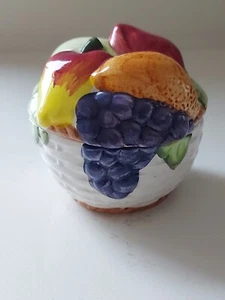 Vintage Majolica Fruit Basket Lidded Trinket Pot Grapes Apples Oranges 3" - Picture 1 of 9