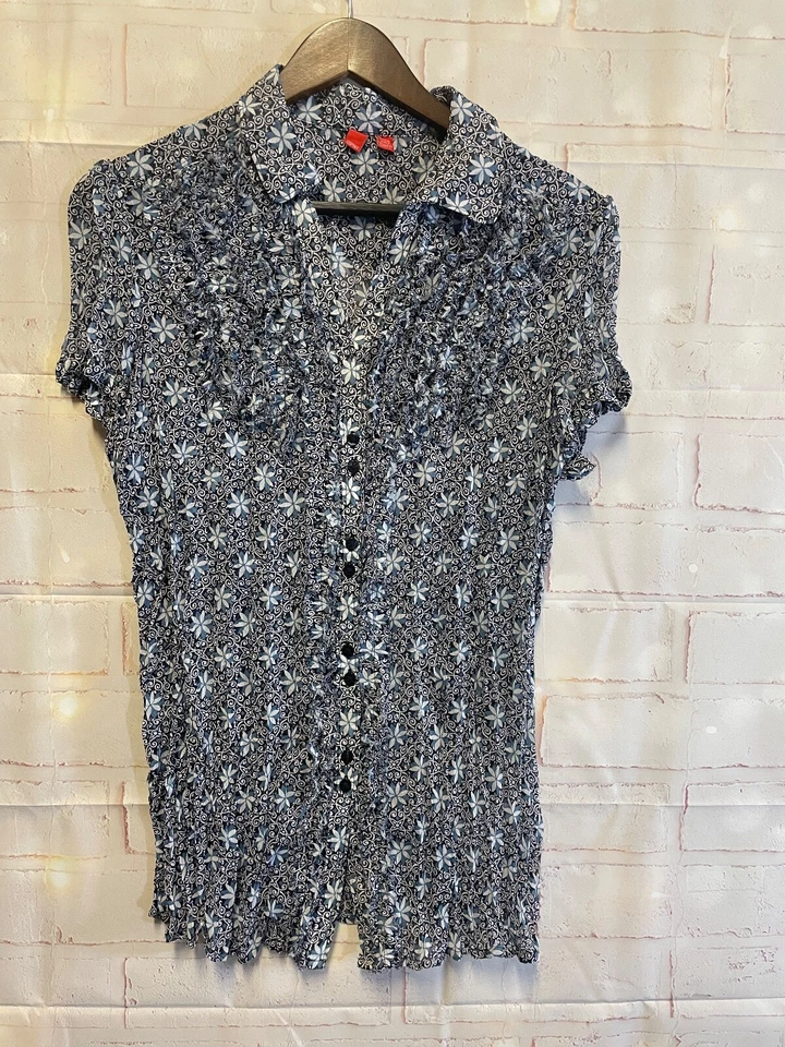 Espirit Top, Blue Floral Semi-sheer, Ruffle Accents, Women's Medium Blouse - Image 1 of 4