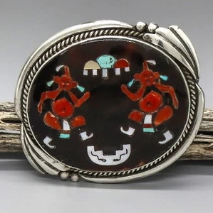 VINTAGE ZUNI-MOSAIC OVERLAY MUDHEAD BELT BUCKLE-ROSALIE & AUGUSTINE PINTO - Picture 1 of 4