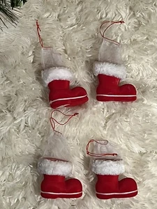 Vintage Santa Boots 4 Red Flocked Fur Mesh Drawstring Treat Bag Stocking Stuffer - Picture 1 of 11