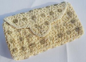 Vintage 1930s Purse Bag Ladies White Silver Beaded Beadwork Evening Clutch 30s