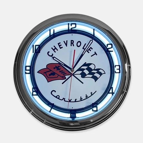 18" Chevrolet Corvette Metal Sign Designed White Neon Clock - SIGNBOX Cover