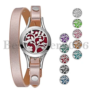 Stainless Steel Essential Oil Diffuser Locket Bracelet Leather Belt with 10 Pads - Picture 1 of 9
