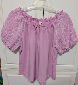 Cato Peasant Top Pink Purple Short Puff Sleeve Embroidered Linen Women Large I12 - Picture 1 of 12