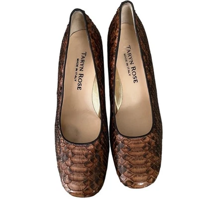Italian Snakeskin Leather Block Heel Pumps Square Toe Brown 38N Taryn Rose - Image 1 of 4