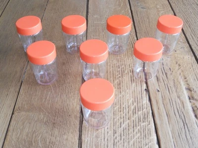 VINTAGE - SEB 8 POTS YAOURTS EN VERRE COUVERCLE ORANGE POUR YAOURTIÈRE - Immagine 1 di 4