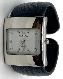 NEW GENEVA LADIES Watch Fresh Battery WIDE Black Hinged Cuff Fits 6” Wrists - Picture 1 of 9