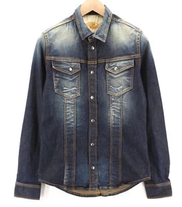 NUDIE JEANS Camicia Uomo M Blu Scuro Denim Lavato Snap Bottoni Tasche Spalancate Logo - Foto 1 di 8