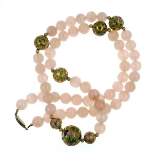 Vintage Chinese Pink Rose Quartz and Cloisonne Bead Necklace 36 inches Long - Picture 1 of 3