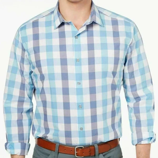 ALFANI Teal Blue White Check Plaid Slim Fit Stretch Dress Shirt 14 14-1/2 32/33 - Image 1 of 1