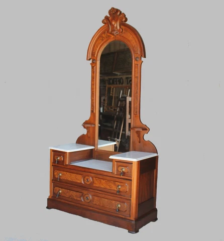 Antique Victorian Walnut Dresser with marble tops - Deep Well Center Cover