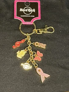 Hard Rock Pink & Gold Keychain! Breast Cancer Awareness Ribbon Bling Cure Gift - Picture 1 of 7