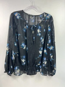 Top túnica Zac & Rachel para mujer talla L negro floral cuello atado cerradura transparente - Imagen 1 de 10