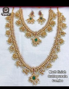 Bollywood Stil Hochzeit Guttapusalu Kombo Lang Mala Kette Ohrring Schmuck Set - Bild 1 von 1