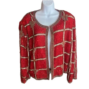 Giacca vintage Laurence Kazar NY donna rossa bianca argento perline taglia 2x paillettes seta - Foto 1 di 11