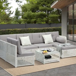 Livsip Outdoor Furniture Sofa Set 7-Piece Wicker Lounge Setting Table Chairs - Picture 1 of 10