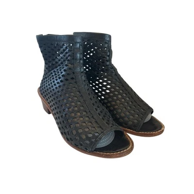 Loeffler Randall size 6.5 Black Leather Woven Peep Toe Ankle Booties Block Heel - Image 1 of 4