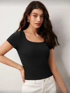 Shein Bluse T-Shirt Gerippt Kurzarm Tee Schwarz Gr. S Neu - Bild 1 von 3