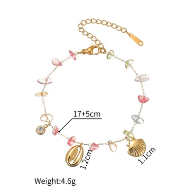 Gold Tone Stone Shell Bracelet Women Rhinestone Chain Layered Summer Jewelry - Image 1 of 4