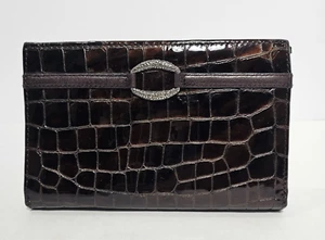 Brighton VGC Brown "Cher" Patent Croc Emb Leather Full-Size Wallet / Clutch VTG - Picture 1 of 13