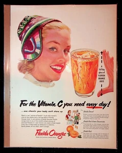 1950s Florida Oranges Vitamin C Orange Juice Woman With Hat Art Vintage Print Ad - Picture 1 of 1