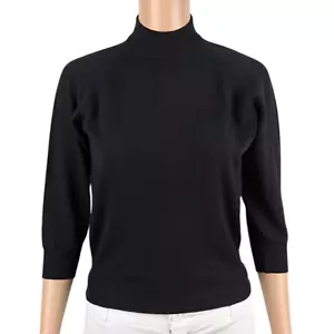 LANSEA Sweater Womens XS Black 100% Pure Wool 3/4 Sleeve Crew Neck Great Britain - Picture 1 of 4