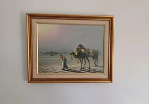 Vintage CAMELS CARAVAN DESERT ORIGINAL OIL PAINTING STATEMENT ARTWORK Singed - Picture 1 of 7