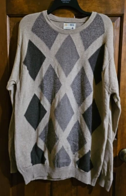 Suéter Marks & Spencer Vintage Para Hombre Grande Beige Argyle Lana Cuello Redondo Pullover Foto 1 de 4