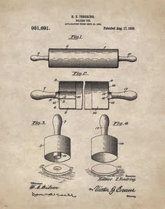Kitchen Bakery Rolling Pin Patent Print Pie Cake Pans Pastry Chef Wall Art Decor - Picture 1 of 1