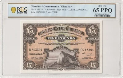 Gibraltar 1975 £5 P19b PCGS Gem Uncirculated 65 PPQ - Wonderful Crisp Note - Image 1 of 3