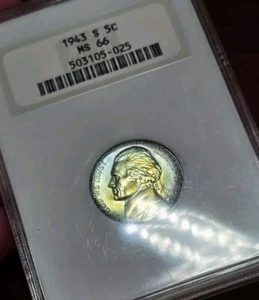 1943 S Jefferson War Nickel NGC MS66 Rainbow Toned Fatty Holder Spectacular Coin - Picture 1 of 16