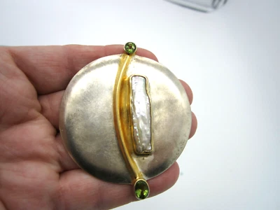 Estate Vintage Large Sterling Silver Green Peridot Biwa Pearl Pin Brooch Pendant - Image 1 of 4