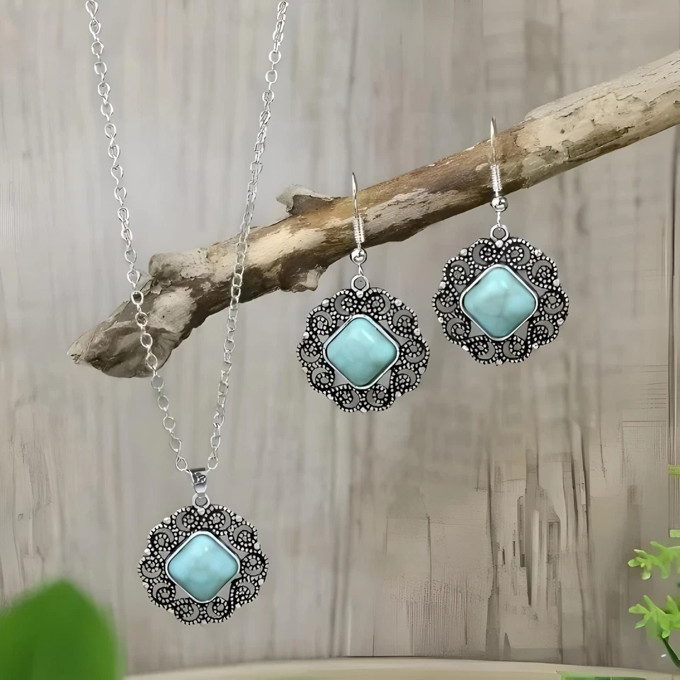 Juego de aretes collar vintage turquesa cuadrado con incrustaciones de diamantes de imitación para mujer Foto 1 de 1