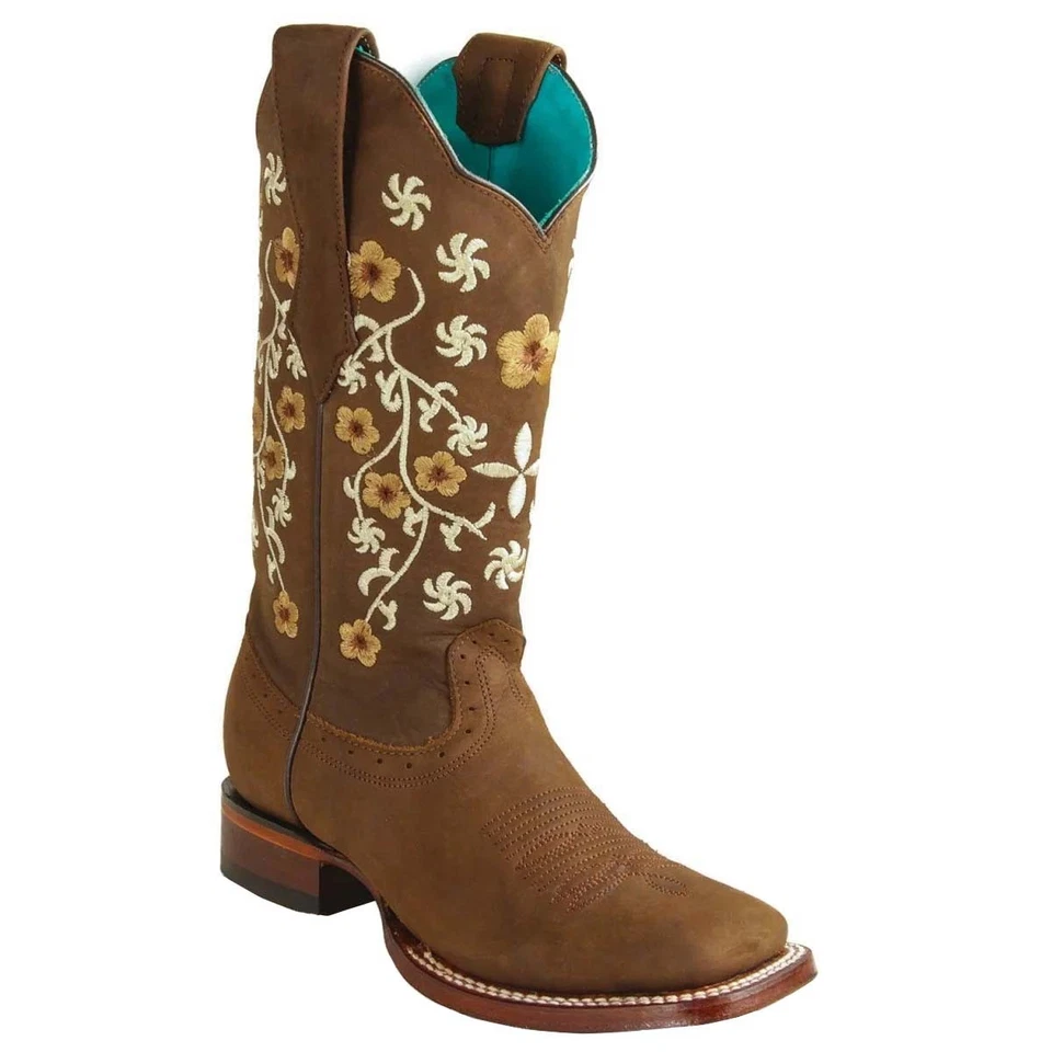 Botas occidentales para mujer Los Altos de cuero genuino bordadas florales punta cuadrada Foto 1 de 1