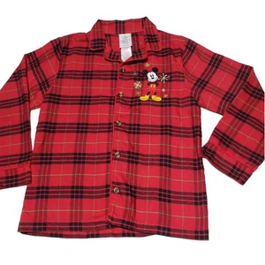 Christmas Flannel Disney Girls Pajama Top Mickey Mouse Plaid Embroidered Kids 7 - Picture 1 of 12