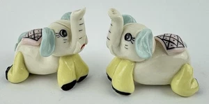 2 Mini Elephant Figurines Ceramic Blue White Vintage Small 1.5 Playful Miniature - Picture 1 of 14