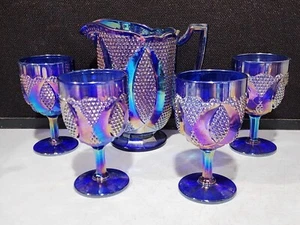 Westmoreland High Hob Water Set- Blue Glass- Pitcher And 4 Goblets - Levay 1976 - Picture 1 of 10