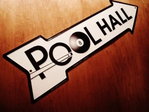 POOL HALL ARROW SIGN Cue & Black Eight 8 Ball Billiards Bar Game Room Decor NEW - Picture 1 of 3