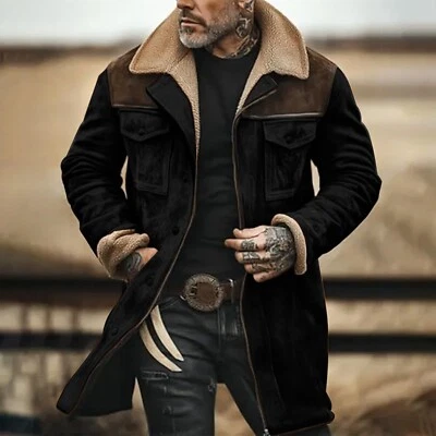 Men's Suede Color-matching Winter Jacket Multi-pocket Zipper Coat - Image 1 of 4