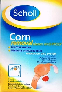 => PRICE SMASH SCHOLL CORN REMOVAL PLASTERS, 8 MEDICATED DISCS, WASHPROOF - Picture 1 of 2