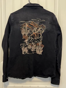 Stetson Women’s Black Denim Snap Cowgirl Jacket Embroidered Roping Desert Size L - Picture 1 of 6