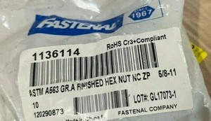 5/8-11 #1136114 RoHS Cr3+Compliant ASTM A563 GR.A Finished Hex Nut NC ZP QTY 10 - Picture 1 of 1